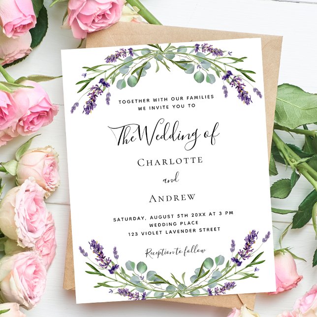 Lavender violet florals script wedding invitation (Creator Uploaded)