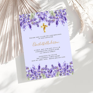 Lavender violet flowers gold cross Confirmation Invitation
