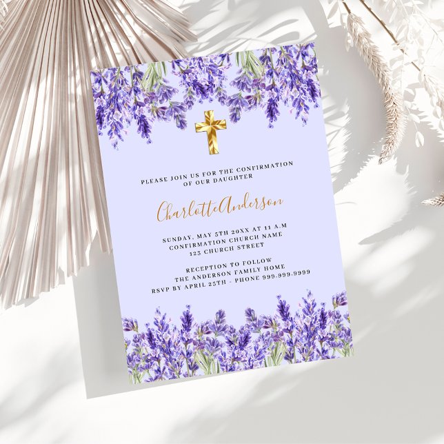 Lavender violet flowers gold cross Confirmation Invitation (Creator Uploaded)