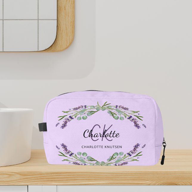 Lavender violet flowers greenery name monogram dopp kit (Creator Uploaded)