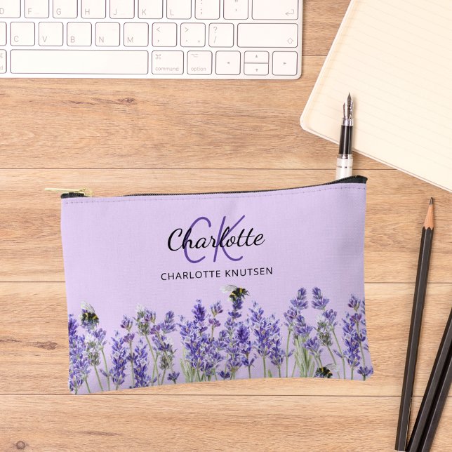 Lavender violet flowers name monogram accessory pouch (Creator Uploaded)