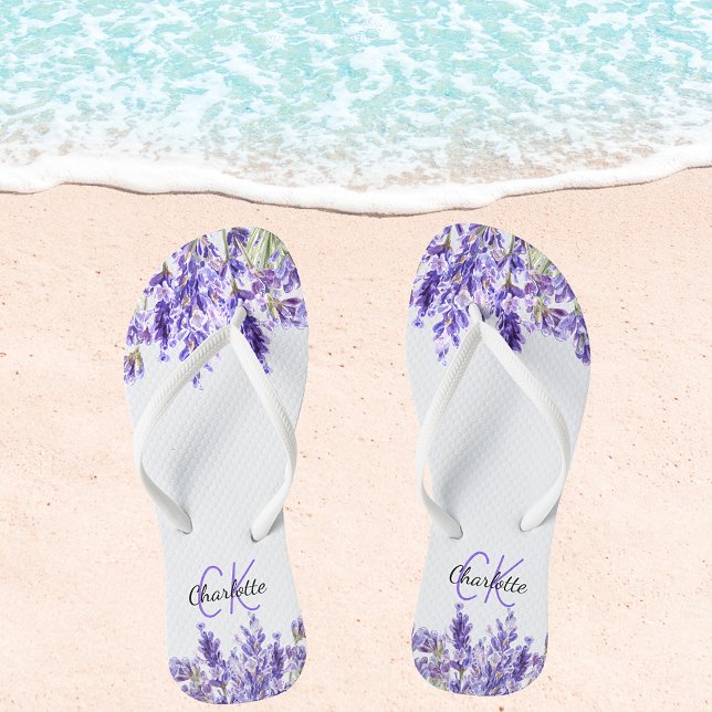 Lavender violet flowers name monogram  thongs (Creator Uploaded)