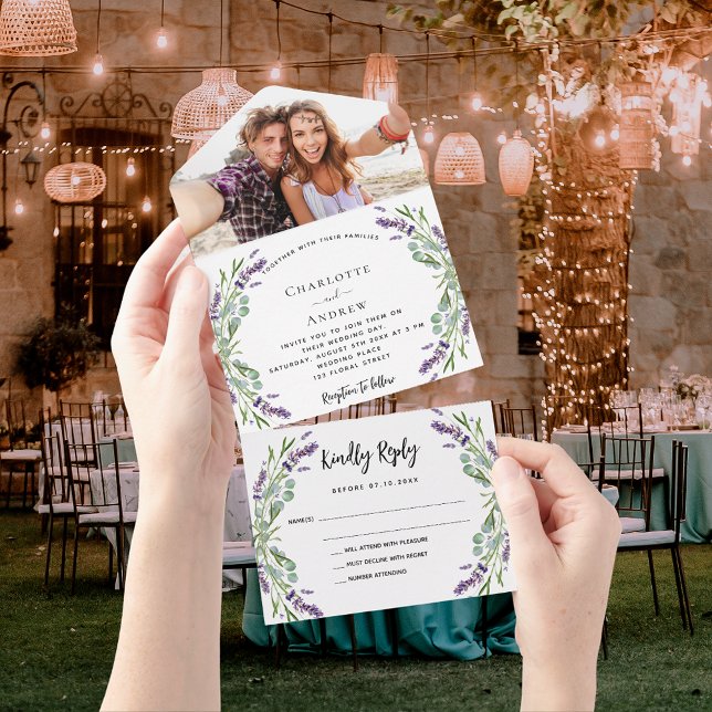 Lavender violet flowers photo wedding all in one invitation (Creator Uploaded)