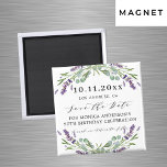 Lavender violet greenery birthday save the date magnet<br><div class="desc">A white background decorated with lavender flowers and eucalyptus greenery. Personalise and add your name and the party date.</div>