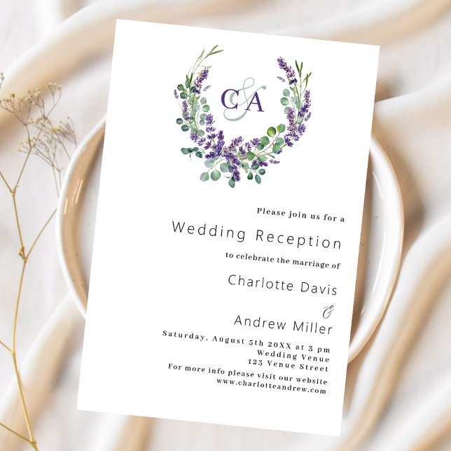 Lavender violet monogram crest wedding reception invitation (Creator Uploaded)