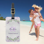 Lavender violet silver flowers monogram name luggage tag<br><div class="desc">A faux silver background,  decorated with lavender florals and eucalyptus greenery. Personalise and add a name and monogram initials. The name is written with a modern hand lettered style script.</div>