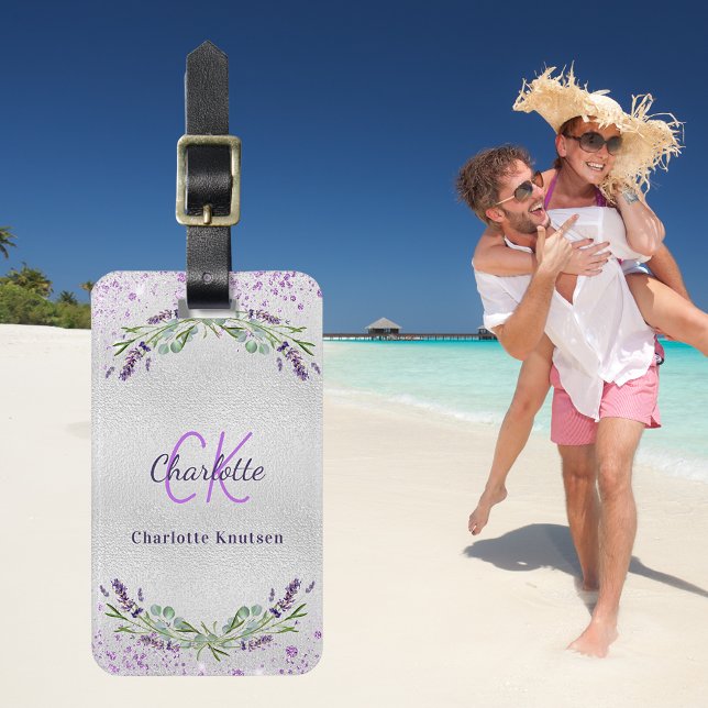 Lavender violet silver flowers monogram name luggage tag (Creator Uploaded)