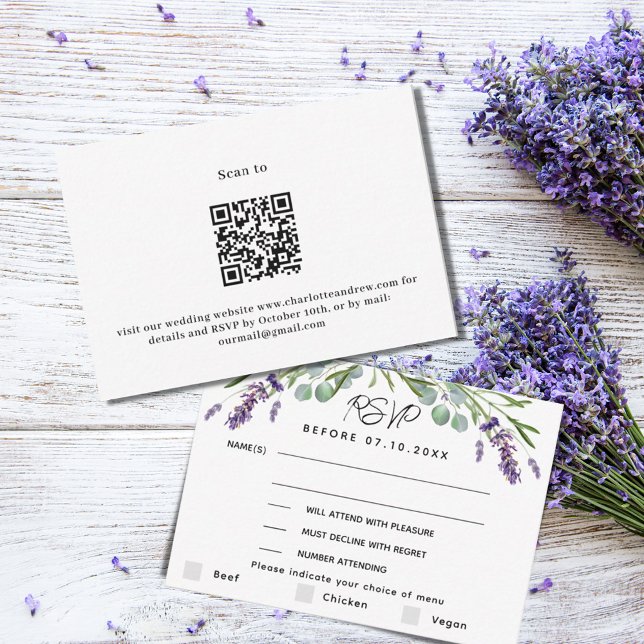 Lavender violet wedding menu QR response RSVP card (Creator Uploaded)