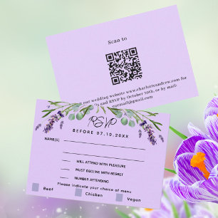 Lavender violet wedding menu QR response RSVP card