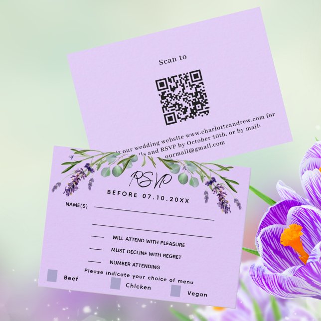 Lavender violet wedding menu QR response RSVP card (Creator Uploaded)