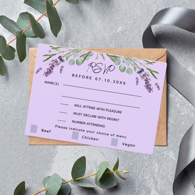 Lavender violet wedding menu response RSVP (Creator Uploaded)