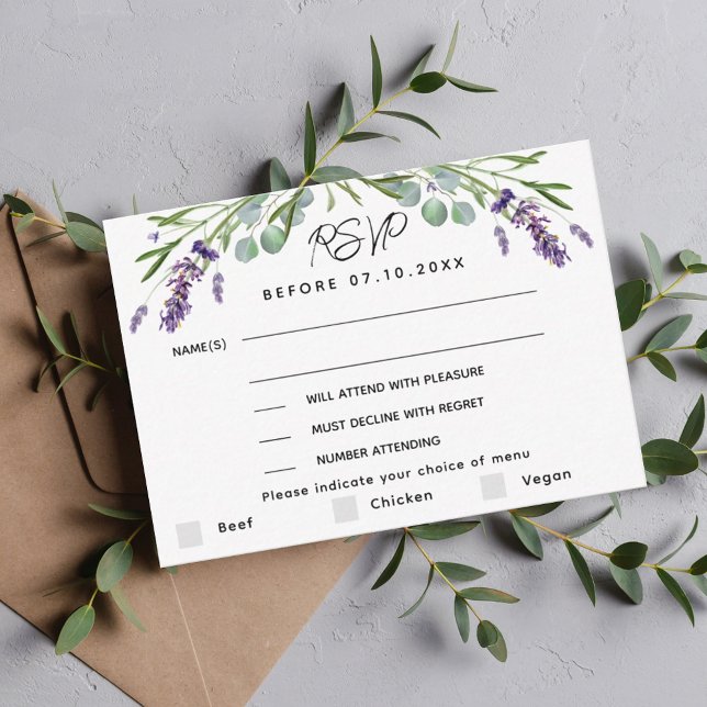 Lavender violet wedding menu response RSVP card (Creator Uploaded)