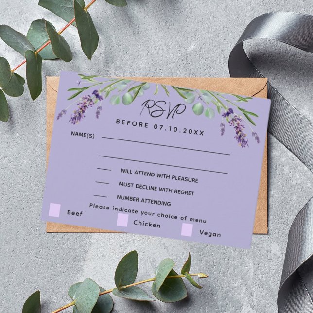 Lavender violet wedding menu response RSVP card (Creator Uploaded)