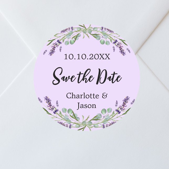 Lavender violet wedding Save the Date Classic Round Sticker (Creator Uploaded)