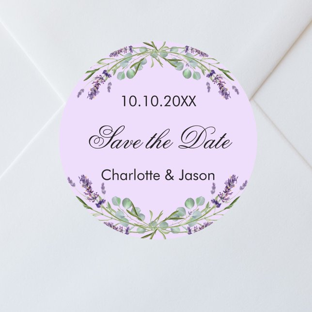 Lavender violet wedding Save the Date Classic Round Sticker (Creator Uploaded)
