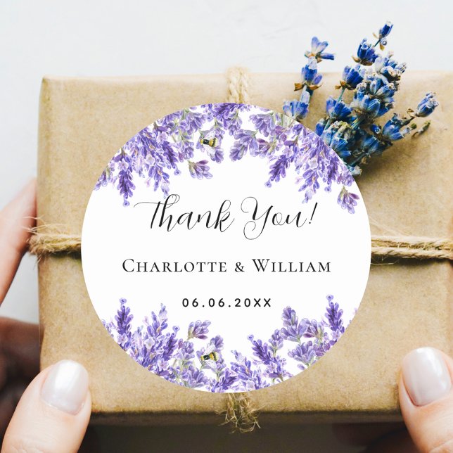 Lavender violet wedding thank you classic round sticker (Creator Uploaded)