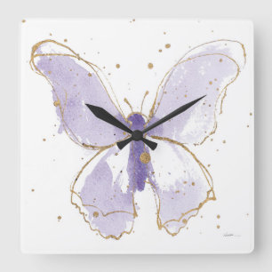 Lavender Watercolor Butterfly Square Wall Clock