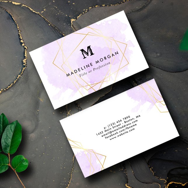 Lavender Watercolor Faux Gold Geometric Monogram Business Card (Creator Uploaded)