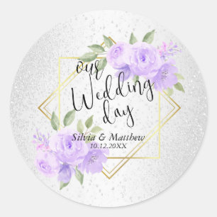 Lavender Watercolor Floral and White Glitter Classic Round Sticker