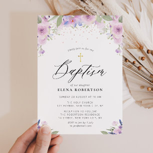 lavender watercolor floral baptism invitation