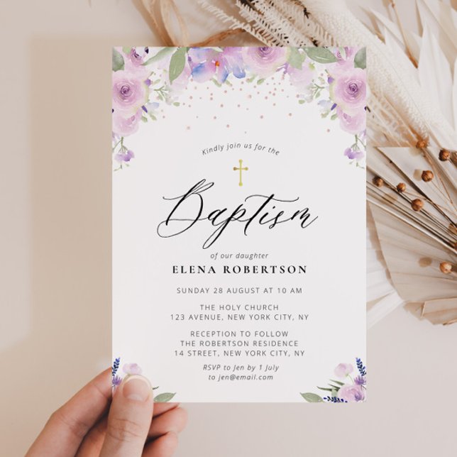 lavender watercolor floral baptism invitation (Creator Uploaded)