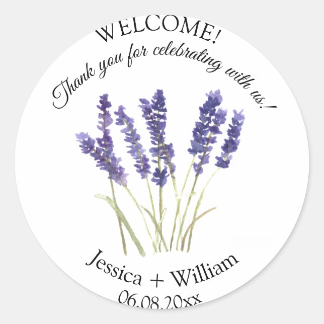 Lavender Watercolor Floral Modern Wedding Classic Round Sticker (Front)