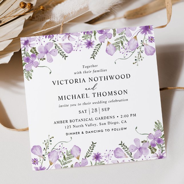 Lavender Watercolor Floral Square Wedding  Invitation (Creator Uploaded)