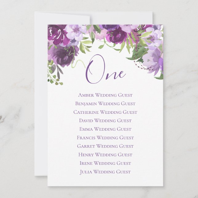 Lavender Watercolor Floral Table One Seating Card (Front)