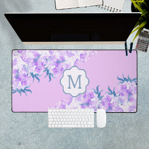 Lavender Watercolor Flower Custom Monogram Desk Mat