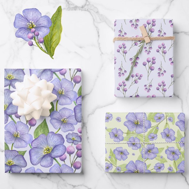 Lavender Watercolor Flowers 3 Pretty Variations Wrapping Paper Sheet (Creator Uploaded)