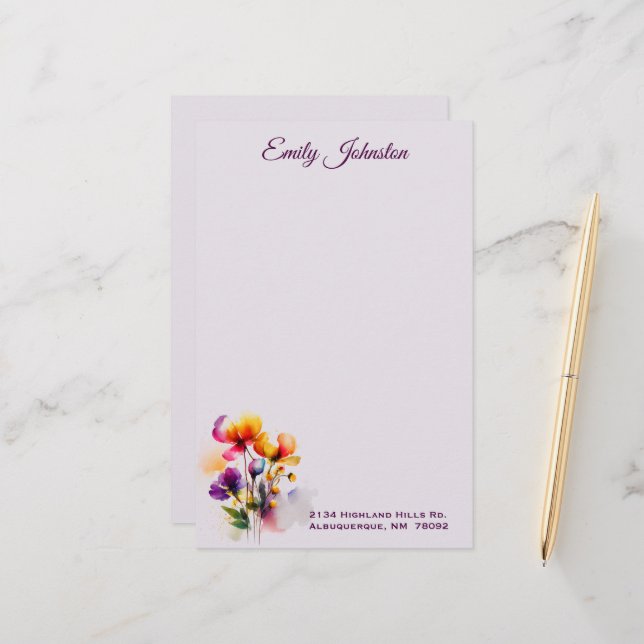 Lavender Watercolor Flowers Custom Stationery (Front/Back In Situ)