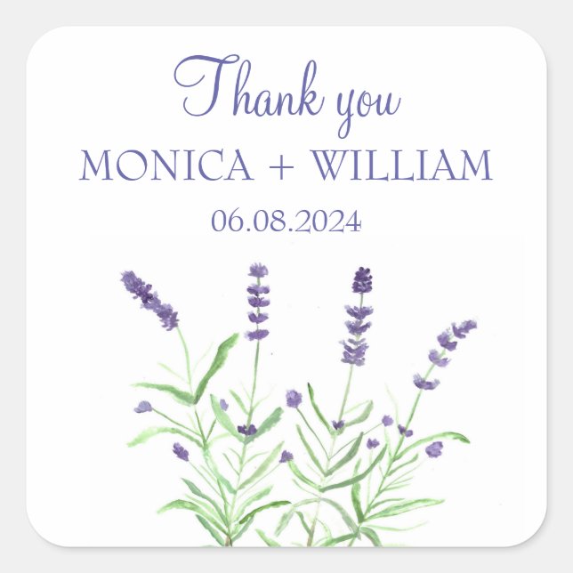 Lavender watercolor flowers herbs rustic purple square sticker (Front)