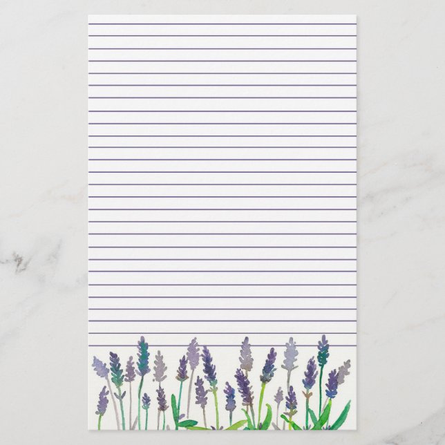 Lavender Watercolor Flowers Lined Letter Writing Stationery (Front)