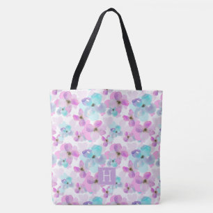 Lavender Watercolor Flowers Monogram Tote Bag