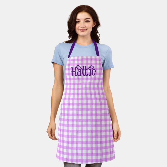 Lavender Watercolor Gingham Personalised Apron (Worn)