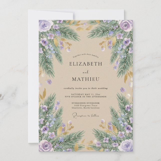 Lavender Watercolor Pine Rustic Wedding Invitation (Front)