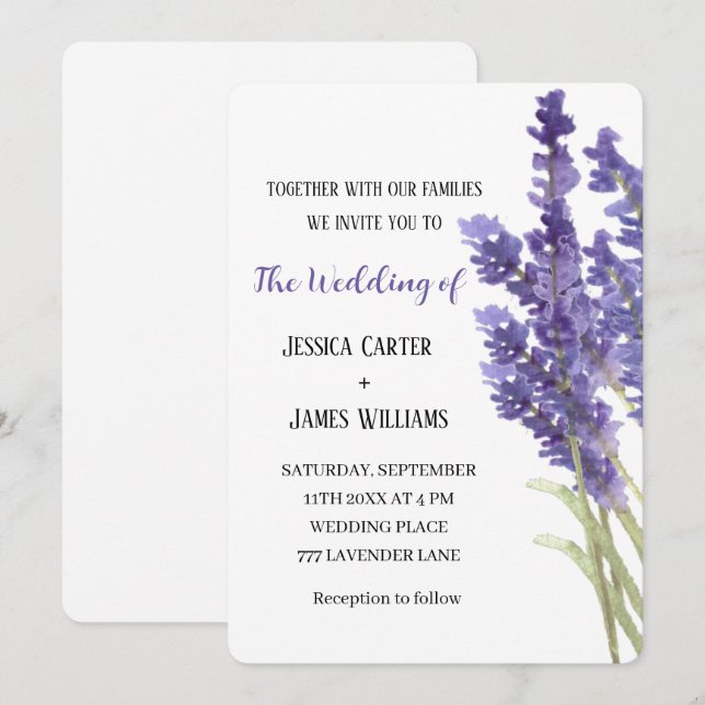 Lavender Watercolor Rustic Elegant Wedding Invitation (Front/Back)