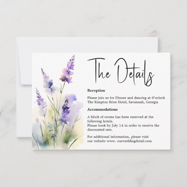 Lavender Watercolor Wedding Details card (Front)