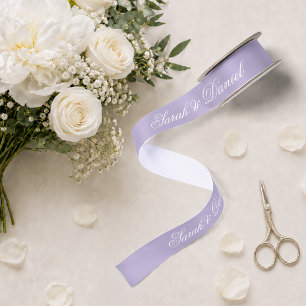 Lavender Wedding Elegant White Calligraphy Purple Satin Ribbon