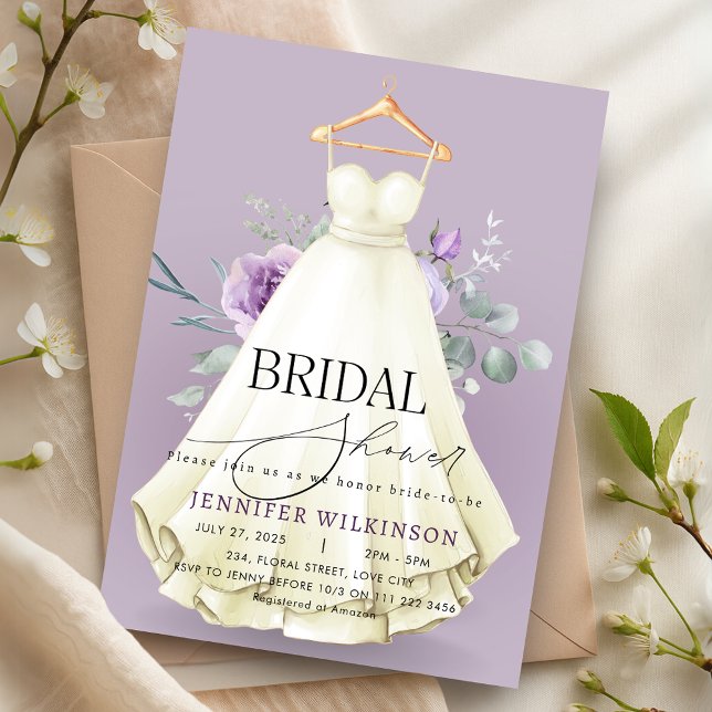 Lavender Wedding Gown Dress Bridal Shower Invitation (Lavender Wedding Gown Dress Bridal Shower Invitation)