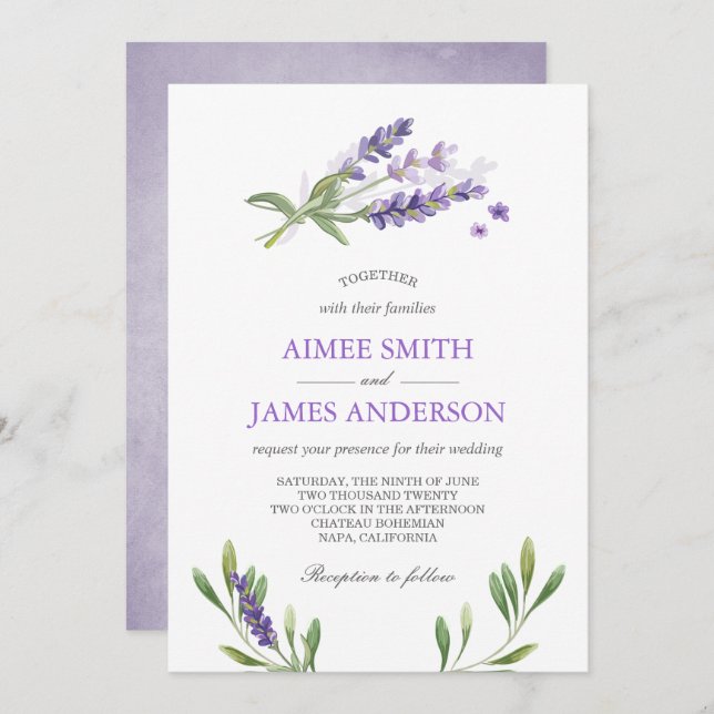 Lavender Wedding Invitation Rustic Elegant Floral (Front/Back)