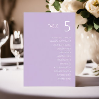 Lavender Wedding Table Number Card With Names