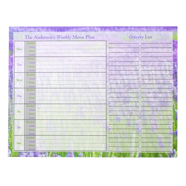 Lavender Weekly Personalised Menu Plan Notepad (Front)