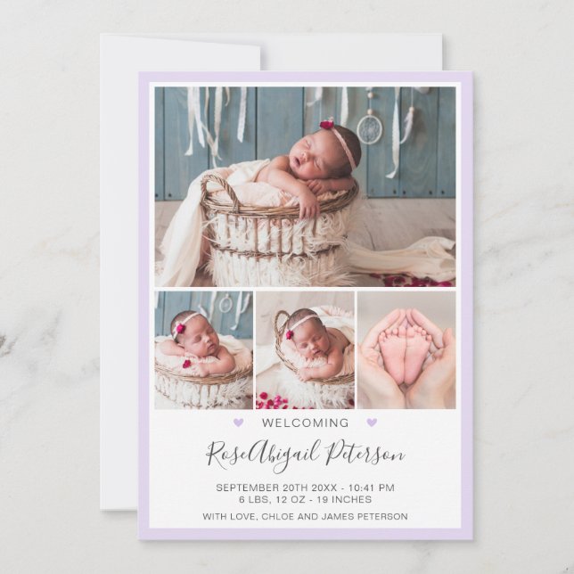 Lavender Welcome Baby Stats Newborn Girl Birth Announcement (Front)