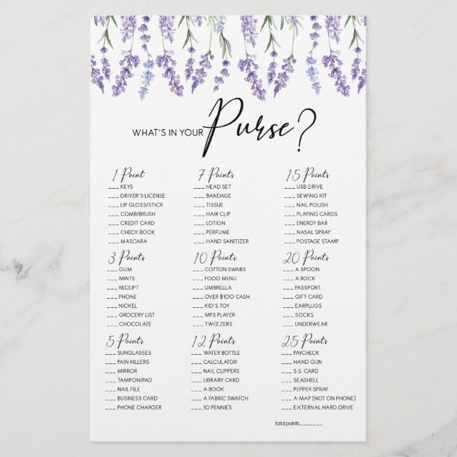 Lavender What's In Your Purse Game (Front)