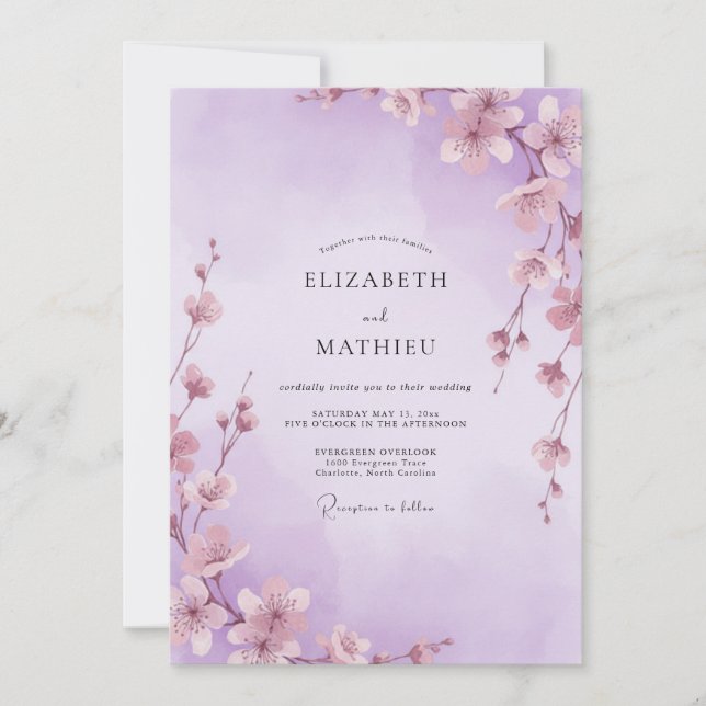 Lavender Whimsical Sakura Wedding Invitation (Front)