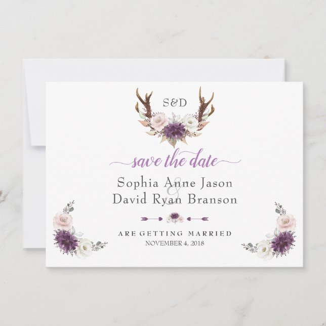 Lavender White Blush Floral Antlers Wedding Save The Date (Front)