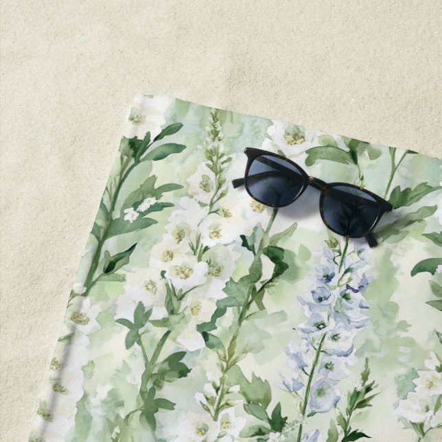 Lavender White Delphinium Flowers   Beach Towel (In Situ)