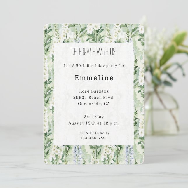 Lavender White Delphinium Flowers Birthday Invitation (Standing Front)