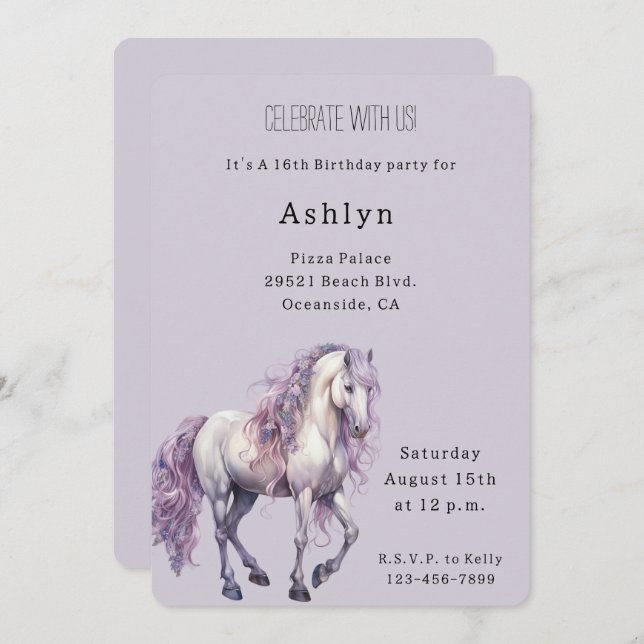 Lavender White Floral Horse Cowgirl Birthday   Invitation (Front/Back)
